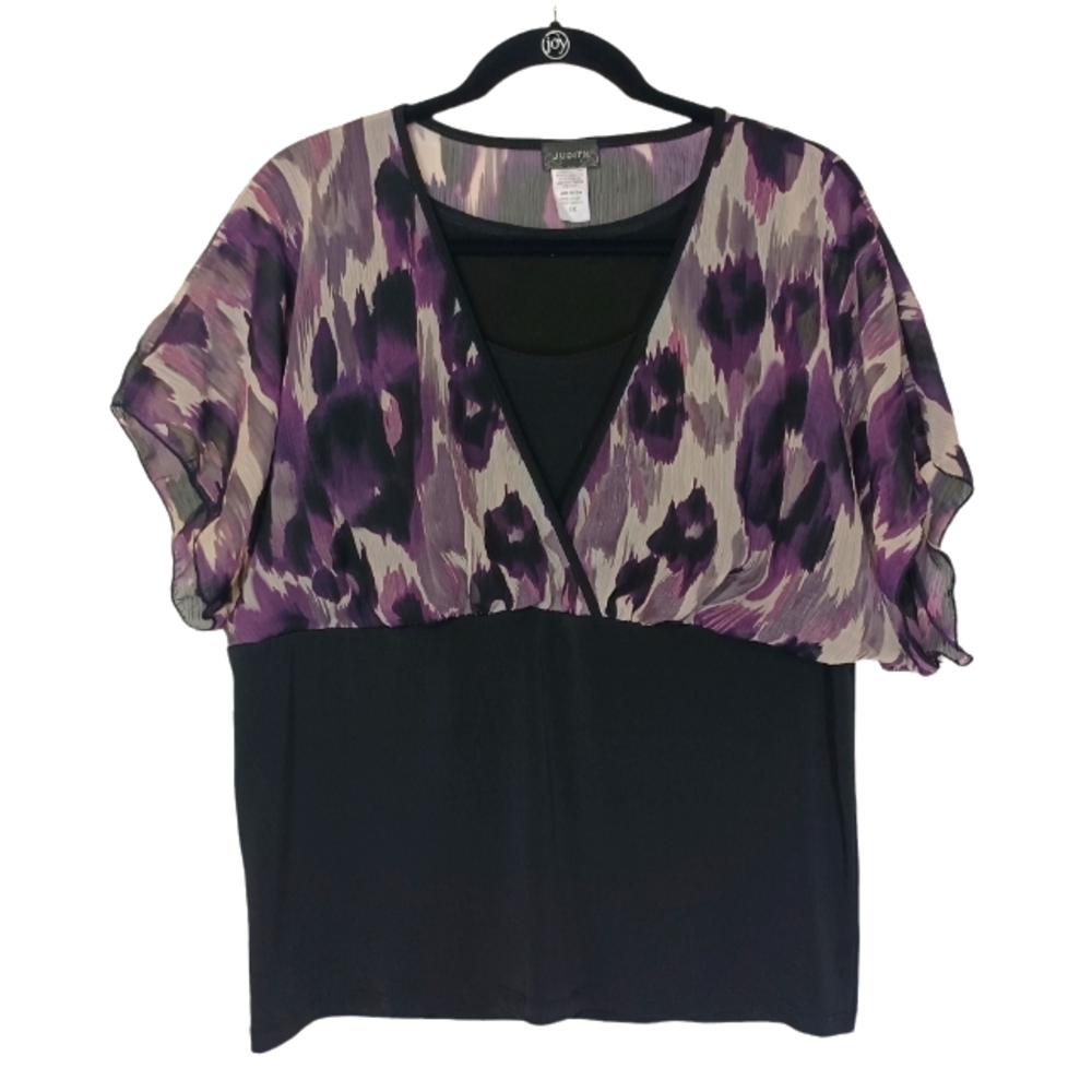 JUDITH Purple Gray Leopard Animal Print Twofer Black Top 1X